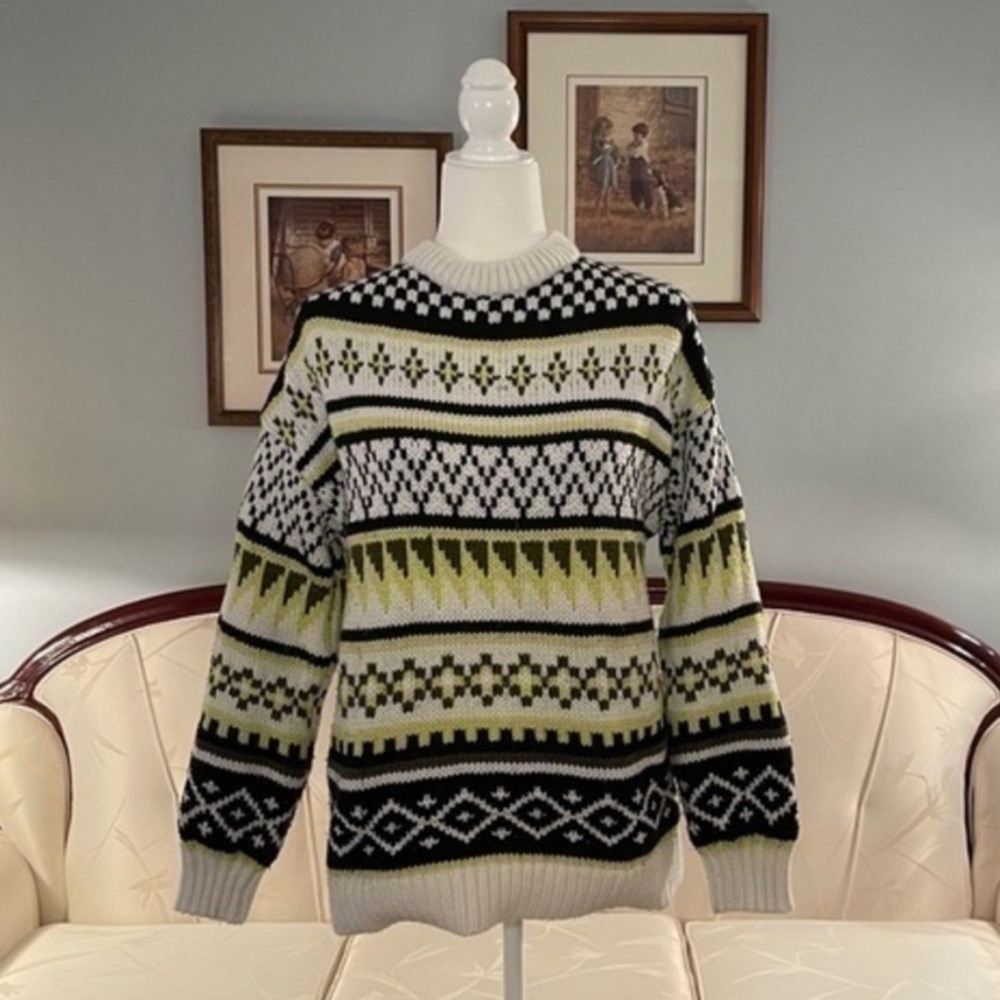 Twik White Black & Yellow Oversized Crewneck Grandpa Knit Sweater Size XS - Picture 2 of 10